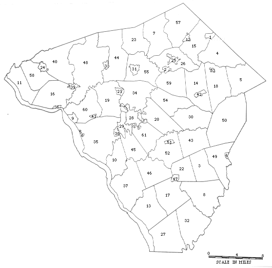 Lancaster County map with numbered localities