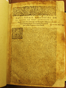 First page of the LeFevre Bible. Handwritten text says the title page was "torn out by accident."