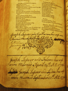Joseph LeFevre's dates of marriage. He was married three times.