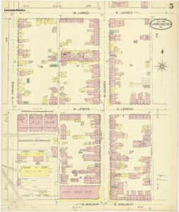 An overhead map showing streets and buildings as drawings