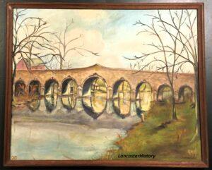 Painting of a nine arch stone bridge over a river