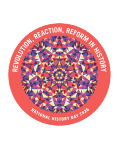 A circle logo with a kaleidoscope interior and the National History Day theme around the outside.