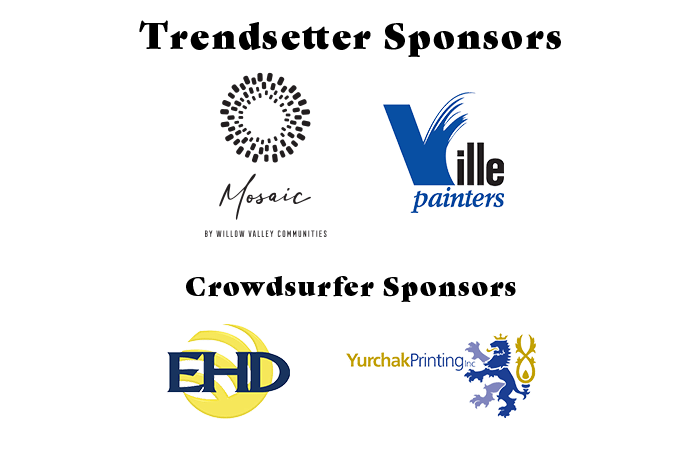 A graphic with the sponsor logos of Mosaic by Willow Valley Communities, Ville Painters, EHD, and Yurchak Printing. 