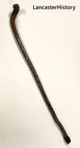 A wooden walking cane with a snake head grip