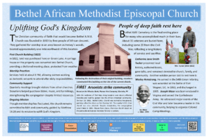 A interpretive marker with information about the Bethel African Methodist Episcopal Church in Marietta, Pennsylvania.