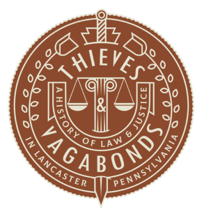 The seal for the "Thieves & Vagabonds" exhibition. It has laurels, a sword, a column, and scales depicted. 