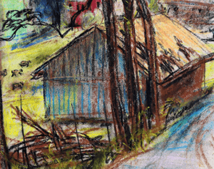 A pastel sketch of a barn in the countryside along a road.