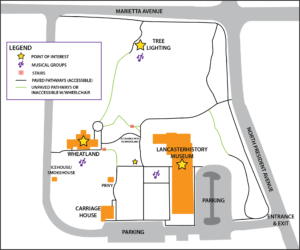 A map of the Campus of History with various spots indicated for the event. Map will be in a program that will be given to attendees.