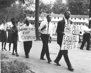 Historic image of the 1963 protest at Rocky Springs Swimming Pool.