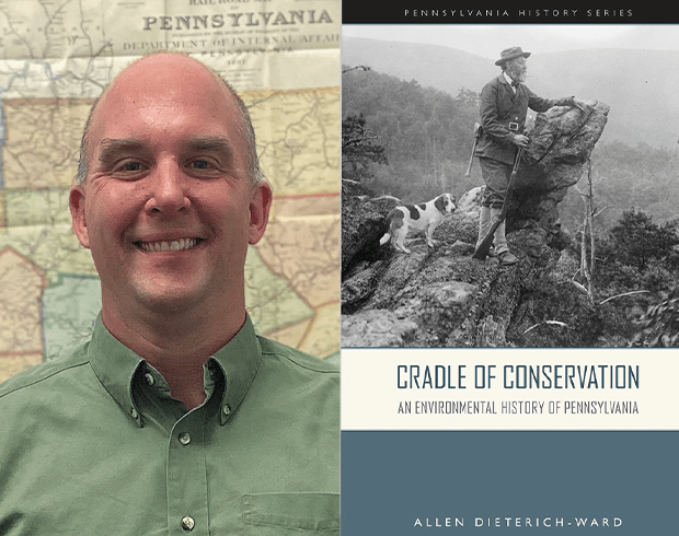 A graphic with two images. On the left is a headshot of a middle-aged man with a bald head wearing a green button up shirt. The right image is of the book cover of "Cradle of Conservation."