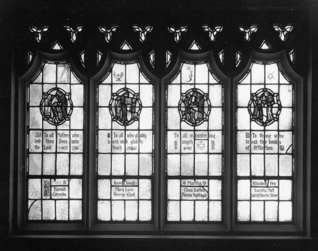 Stained glass windows in the Women's Memorial Room at the Unitarian Church in Lancaster