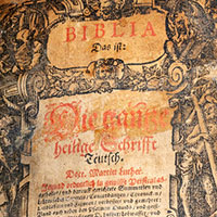 The Eby Family Bible was printed by Mathias Harnisch in 1596 in Newstadt an der Hardt in Germany. Theodorus (Durst) Eby brought this Bible when he and his family came to Lancaster County in 1715.