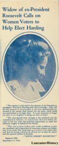 Card showing profile of Edith Kermit Roosevelt asking women to help elect Harding.