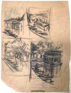 Series of rough sketches of a boat by a stone arch bridge on a single piece of paper