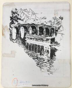 Final sketch of a boat by a stone arch bridge on a single piece of paper