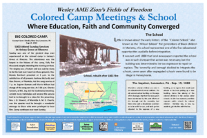 Image of content on a historical marker featuring information about the Wesley AME Zion Church's camp meetings and school.