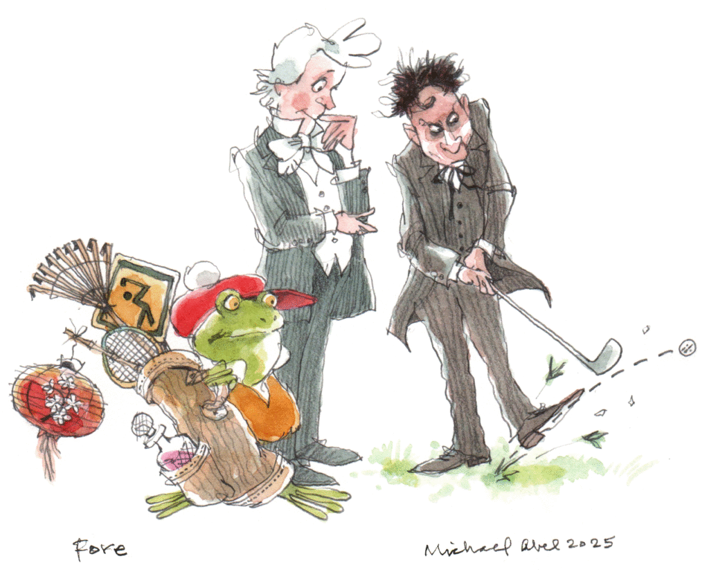 A color illustration of Thaddeus Stevens, James Buchanan, and a frog caddie playing golf.