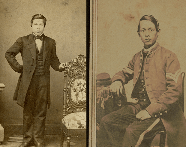 Two sepia historic photographs of two Chinese men. The man on the right stands posed next to a chair in a suit. The man on the right is seated and is wearing a Civil War uniform.