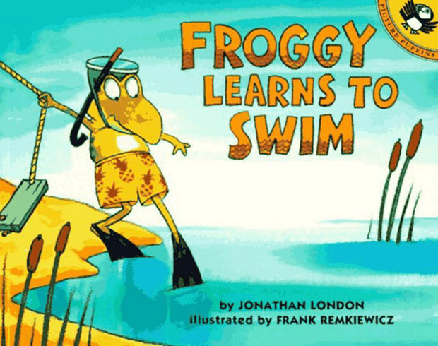 Image of the book cover of "Froggy Learns To Swim," with an illustration of a cartoon frog wearing swim trunks and scuba gear.
