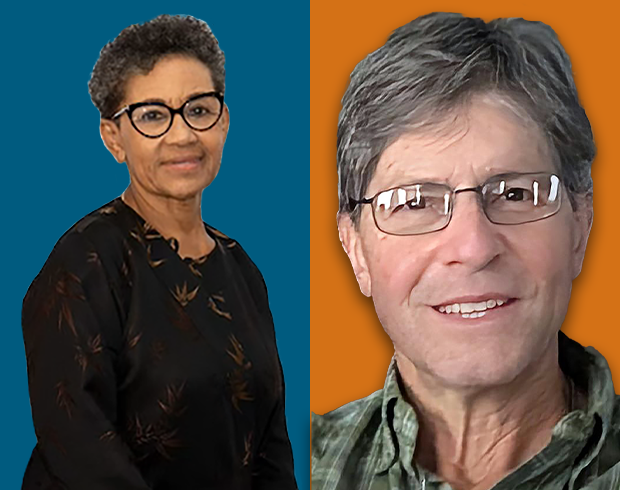 Two headshot photos. The left photo is of an older woman with dark skin, short dark brown or black hair, wearing a black shirt and glasses. The image on the right is of an older man with light skin with short gray hair and wearing glasses and a plaid button up shirt.