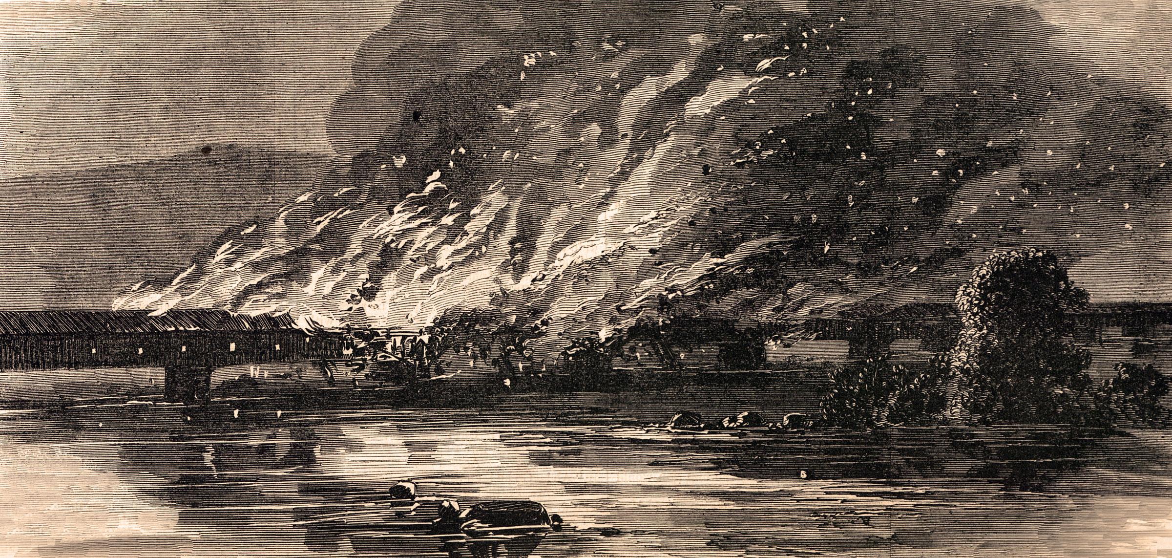 Union defenders retreat across the Susquehanna burning the Wrightsville Bridge behind them.