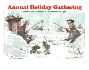 Illustration of James Buchanan and Thaddeus Stevens fishing from opposite banks of the frog pond during winter.