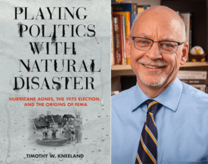 (left) Book cover for "Playing Politics with Natural Disaster." (right) Author Dr. Timothy Kneeland.