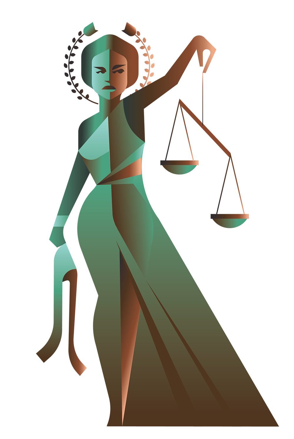 An illustration depicting Lady Justice. A blind fold dangles from her right hand and she holds mis-balanced scales in her left hand.