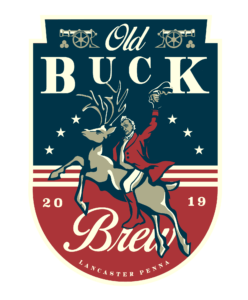 Logo for Old Buck Brew. Image has illustrated Buchanan riding on the back of a buck.