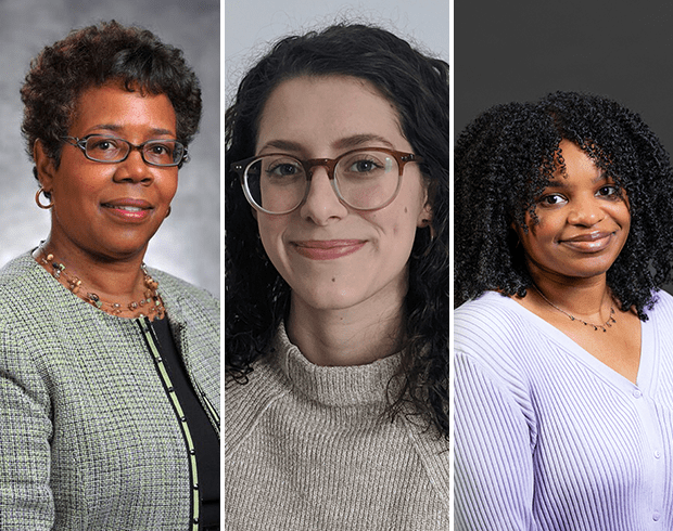 Photos of three women side-by-side. On the left, a woman with dark skin, dark short hair, and glasses wears a gray cardigan. In the middle, a woman with light skin with brown, wavy hair and glasses wears a cream turtleneck sweater. On the right, a woman with dark skin and dark, curly hair wears a purple sweater.