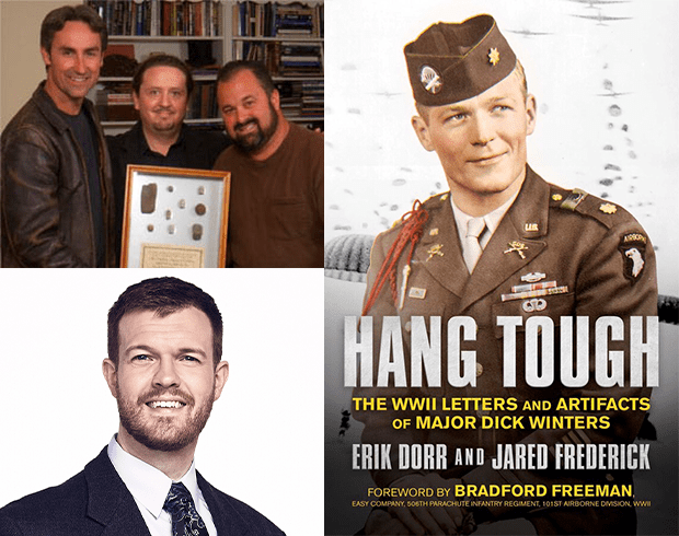 Image of Erik Dorr (top left) Jared Frederick (bottom left) and the book cover of "Hang Tough." (right)