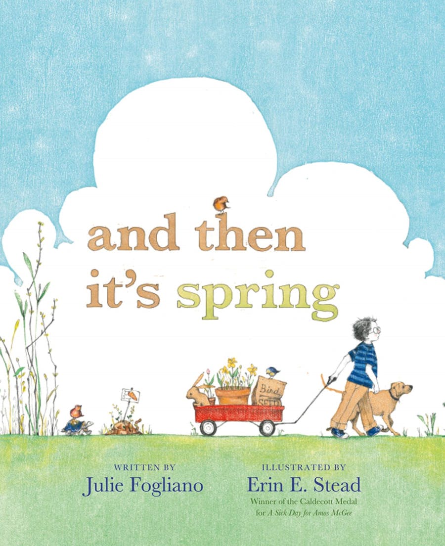 Illustration of a blue sky and large white clouds with a boy and a dog. The boy is pulling a wagon with bird seed, flowers, and small critters.