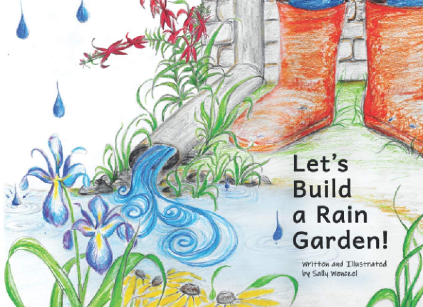 A colorful, hand drawn cover of rain boots next to a downspout of a house, flowing with water.