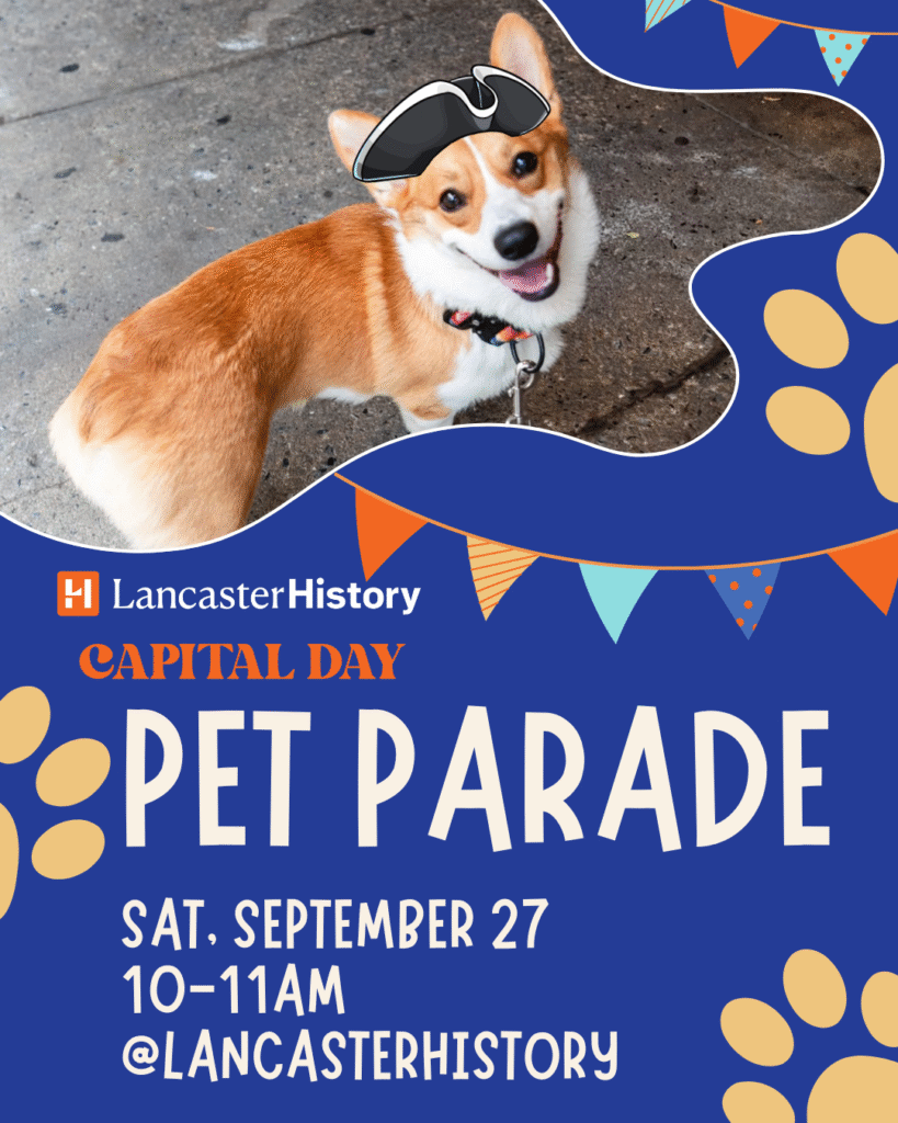 A graphic featuring a small corgi dog with a tricorn hat on, underneath it says Capital Day Pet Parade along with more event details.