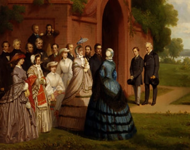 Catherine Ellis (in blue gown) standing next to Harriet Lane, who is holding a parasol. James Buchanan is standing by tomb. Portrait: Thomas P. Rossiter, "Visit of the Prince of Wales, President Buchanan, and Dignitaries to the Tomb of Washington at Mount Vernon, October 1860," 1861 (Smithsonian American Art Museum).