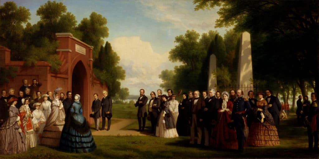 A portrait of the First Royal Visit to Mount Vernon with Harriet Lane and Catherine Ellis standing together