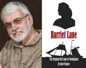 Author Bob O'Connor (left) and book cover of "Harriet Lane" (right).
