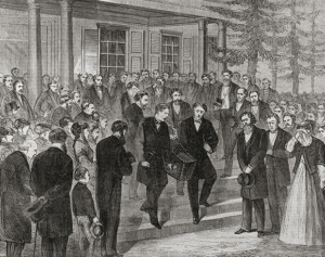 An image from the 1868 edition of Frank Leslie's Illustrated Newspaper depicting James Buchanan's coffin being carried out of Wheatland.