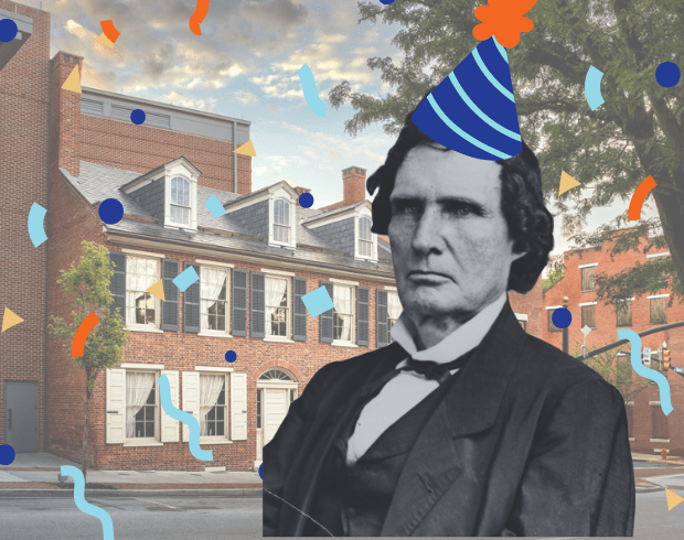 An image of Thaddeus Stevens wearing a birthday hat with confetti flying in the background.