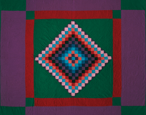 Photograph of a colorful quilt with multicolor squares forming a diamond within a square.