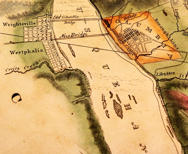 An 1824 map of Wrightsville (York County, left) and Columbia (Lancaster County, right).