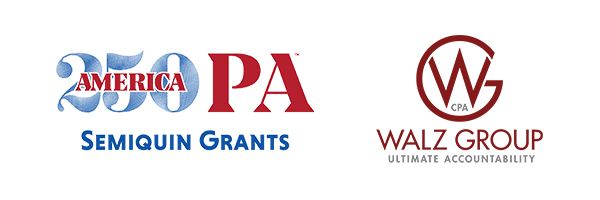 Logos for America 250 PA Semiquin Grants and Walz Group.