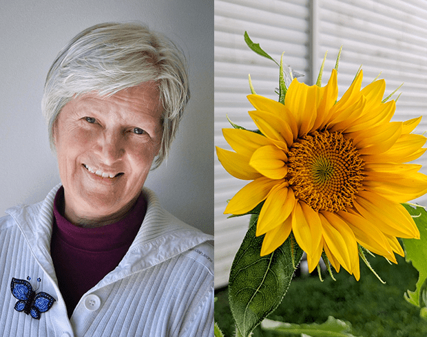 On left is an image of an older woman with light skin and gray hair. On the right is a small bright yellow sunflower.
