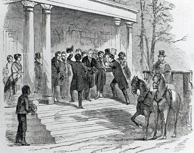 An illustration of a crowd gathered around James Buchanan on the front porch of Wheatland. Men are tipping their hats and shaking Buchanan's hand.
