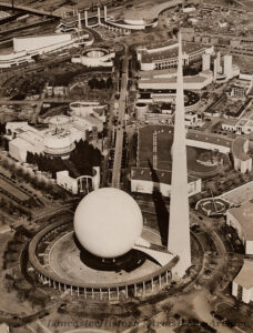 The Trylon, Perisphere, and Helicline (foreground). Armstrong Reporter, June 1940. Photo: LancasterHistory, Armstrong Archive.