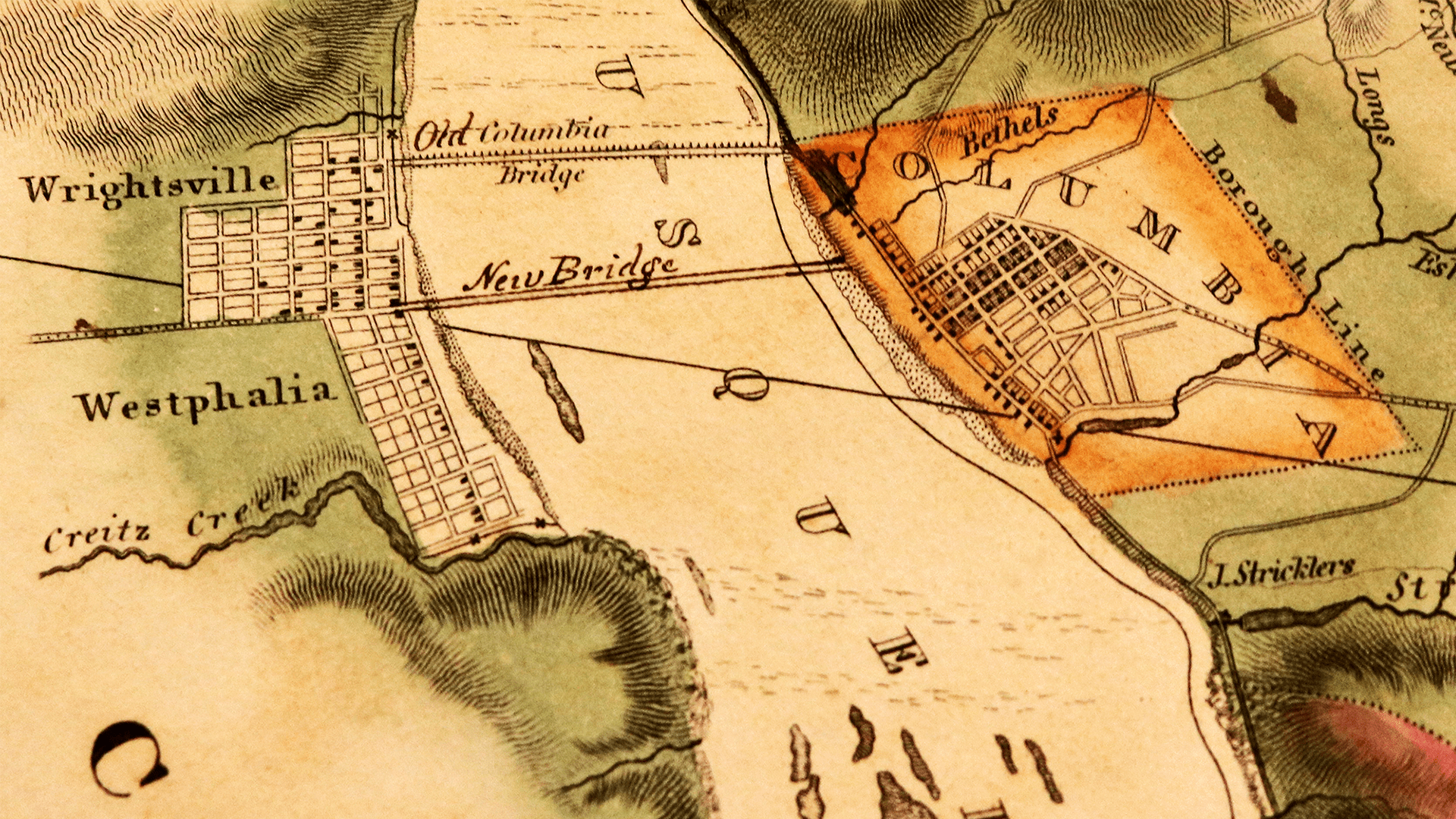 An 1824 map of the Wrightsville and Columbia areas in Pennsylvania.