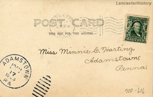 A back of a mailed postcard. Contains a stamp along with an address to a Miss Minnie Harting in Adamstown, PA.