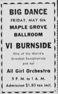 A poster advertising Vi Burnside's performance at an upcoming Big Dance at the Maple Grove Ballroom in 1949.