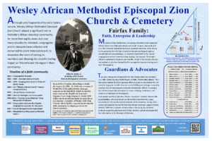 Image of content on a historical marker containing information on the Wesley African Methodist Episcopal Zion Church and Cemetery.