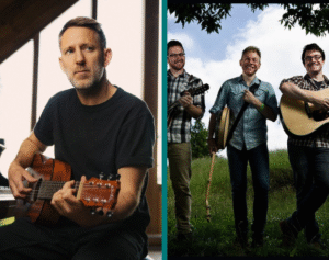 Two photographs of musicians. The man on the left has light skin and short brown hair. He holds an acoustic guitar in front of a piano. The photo on the right is of three young men with light skin, holding various acoustic guitars in a field.